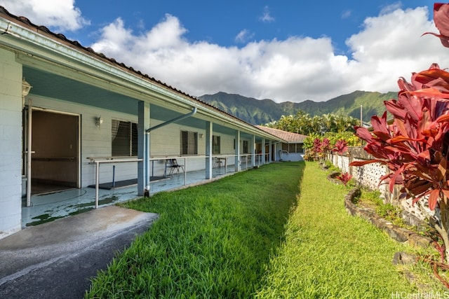 view of yard featuring a patio area and a mountain view