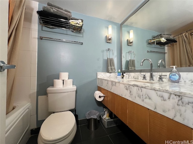 full bathroom featuring vanity, toilet, shower / bathtub combination with curtain, and tile patterned flooring