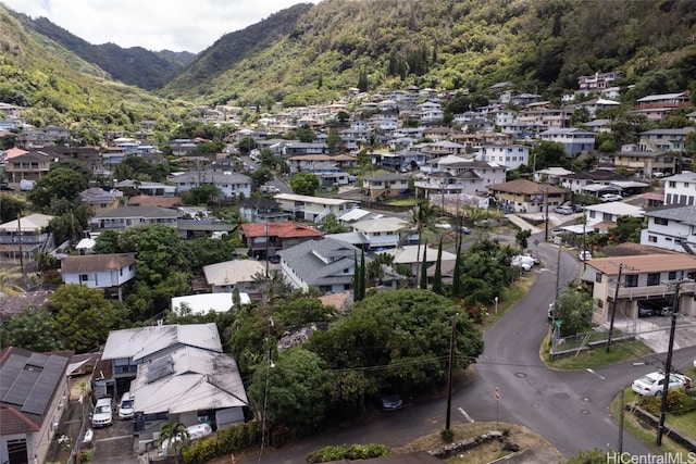 drone / aerial view featuring a mountain view