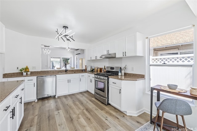 kitchen with sink, stainless steel appliances, kitchen peninsula, light hardwood / wood-style floors, and white cabinets