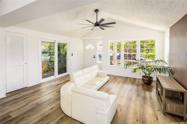 91-1019 Hiluhilu St, Kapolei, HI 96707 - living area featuring a ceiling fan, vaulted ceiling, wood finished floors, and a textured ceiling