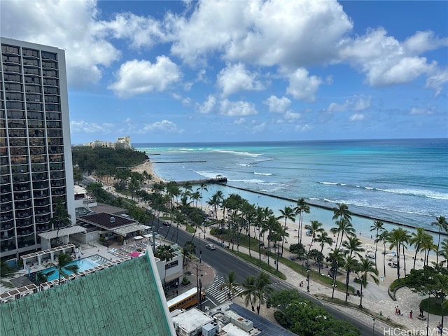 property view of water featuring a beach view