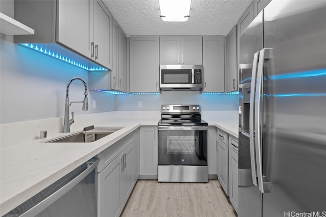 kitchen with a textured ceiling, light wood-type flooring, sink, gray cabinetry, and stainless steel appliances