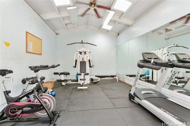 exercise room with lofted ceiling