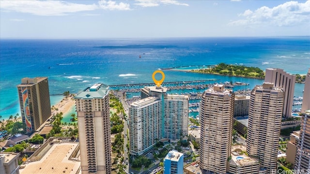 birds eye view of property featuring a water view