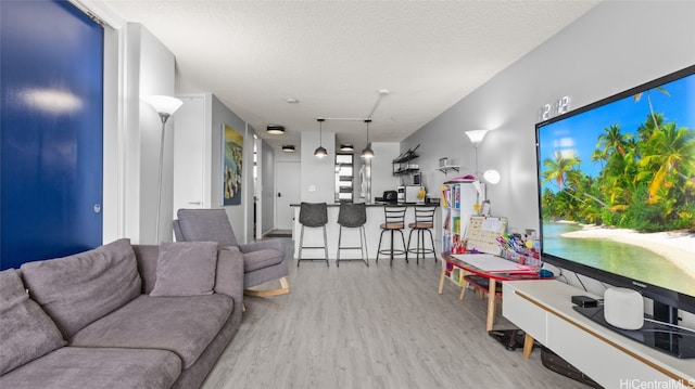 living room with a textured ceiling and light hardwood / wood-style flooring