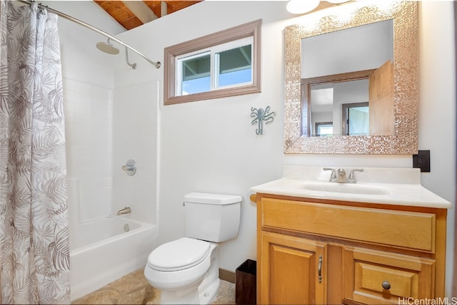 full bathroom featuring lofted ceiling, toilet, vanity, shower / tub combo with curtain, and tile patterned flooring