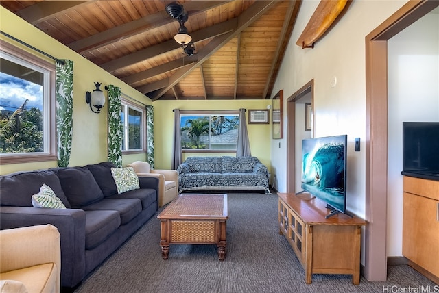 carpeted living room featuring wooden ceiling and vaulted ceiling with beams