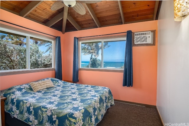 carpeted bedroom with a wall mounted air conditioner, wooden ceiling, lofted ceiling with beams, a water view, and ceiling fan