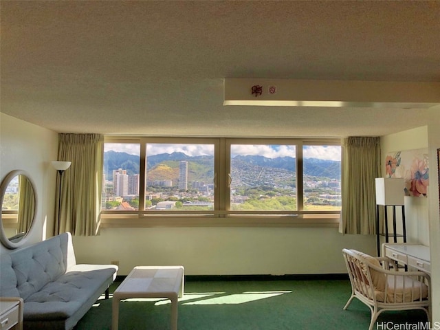 sitting room featuring a mountain view and carpet floors