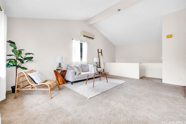 living room with lofted ceiling with beams, light carpet, and a wall mounted AC