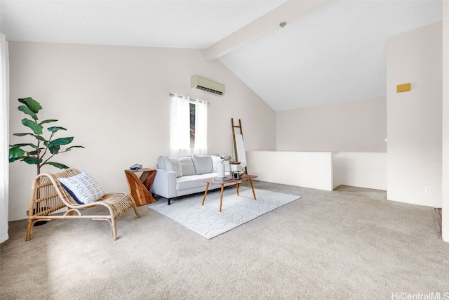 carpeted living room with lofted ceiling with beams and a wall mounted air conditioner