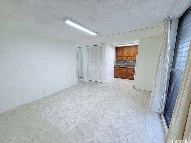 empty room with a textured ceiling and sink