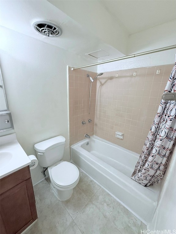 full bathroom with toilet, shower / tub combo with curtain, vanity, and tile patterned floors