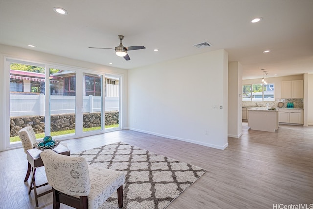 interior space featuring light hardwood / wood-style flooring, a healthy amount of sunlight, and ceiling fan