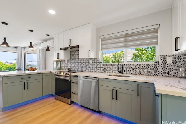 kitchen with sink, light wood-type flooring, white cabinetry, stainless steel appliances, and decorative backsplash