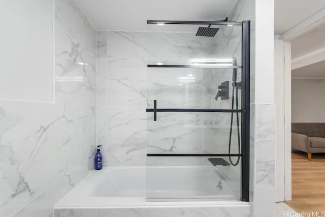 bathroom featuring independent shower and bath and wood-type flooring