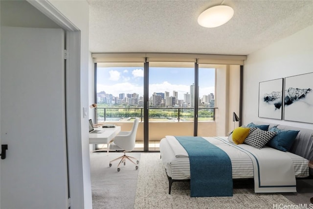 bedroom featuring carpet and a textured ceiling