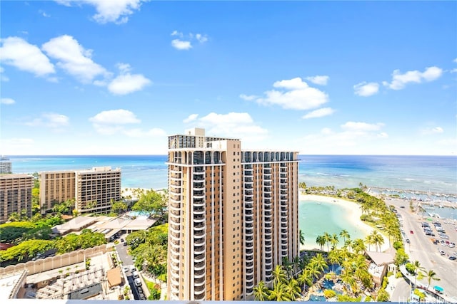 aerial view featuring a water view and a beach view