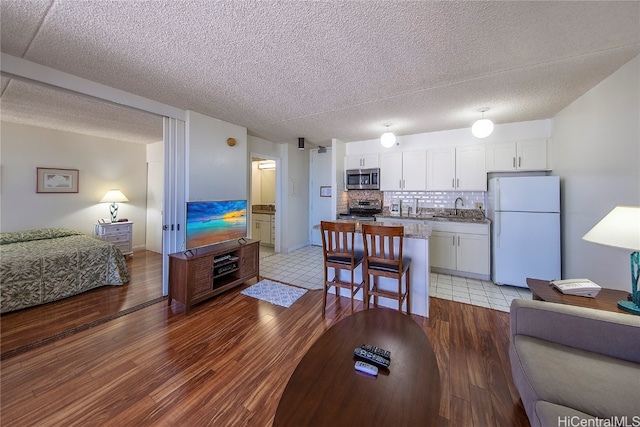 interior space featuring light hardwood / wood-style floors, a textured ceiling, and sink