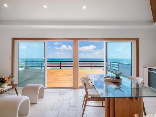 dining area with a water view