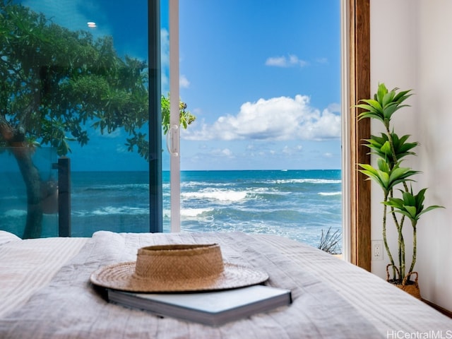 bedroom featuring a water view