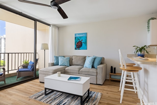 living room featuring hardwood / wood-style flooring and ceiling fan