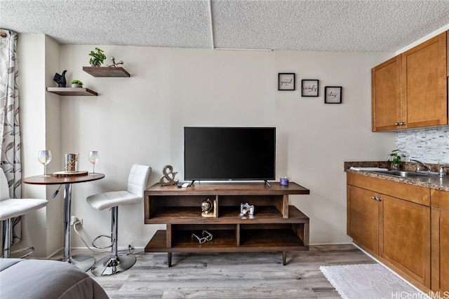 living room with light hardwood / wood-style floors, a textured ceiling, and sink