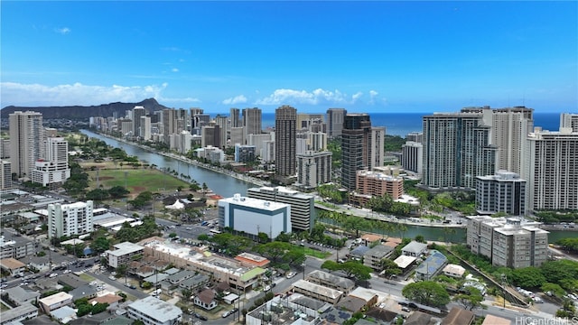 drone / aerial view featuring a water view