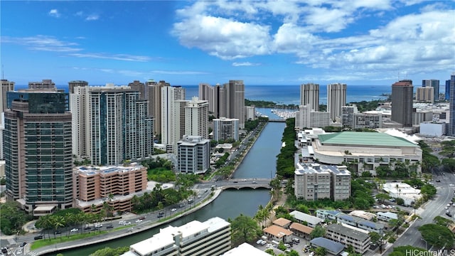 bird's eye view with a water view