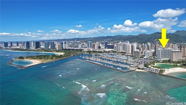 aerial view with a water and mountain view