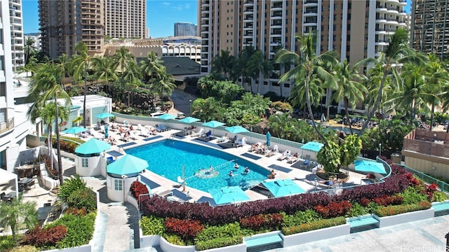 view of swimming pool featuring a patio area