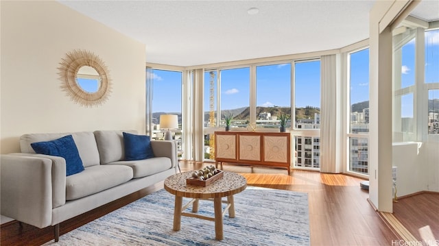 living room featuring hardwood / wood-style floors, a textured ceiling, and expansive windows