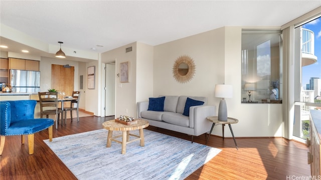 living room with dark hardwood / wood-style floors