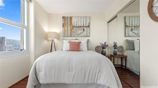 bedroom with dark hardwood / wood-style floors and a closet