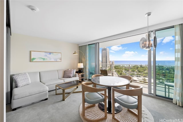 living room featuring a water view, a healthy amount of sunlight, and an inviting chandelier