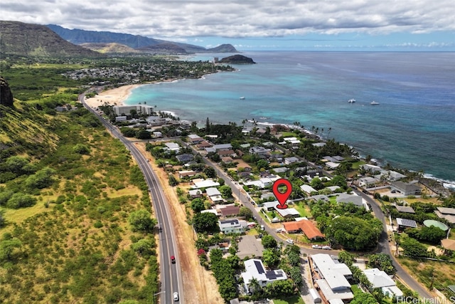 bird's eye view with a water and mountain view