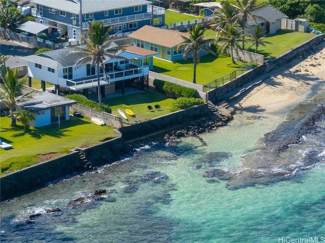 drone / aerial view with a water view