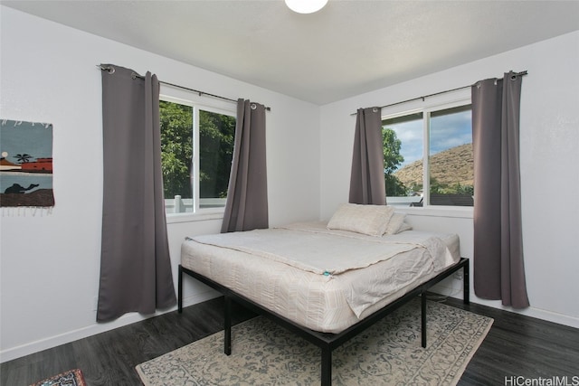 bedroom with multiple windows and dark hardwood / wood-style floors