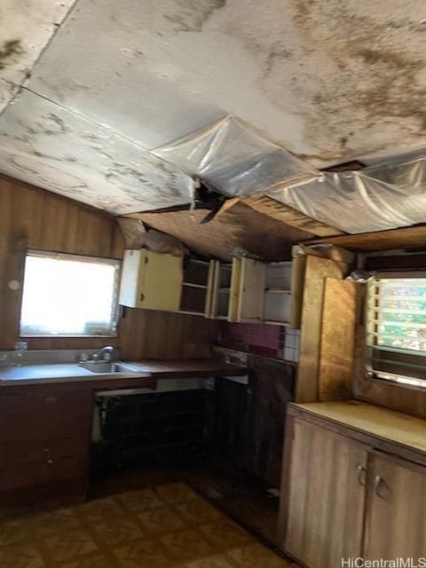 kitchen with lofted ceiling, wood walls, and plenty of natural light