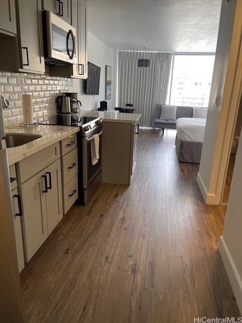 kitchen with kitchen peninsula, tasteful backsplash, dark hardwood / wood-style floors, gray cabinetry, and stainless steel appliances