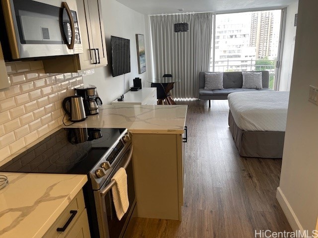 kitchen featuring dark wood-type flooring, light stone counters, stainless steel appliances, and decorative backsplash