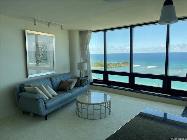 carpeted living area featuring track lighting and a water view