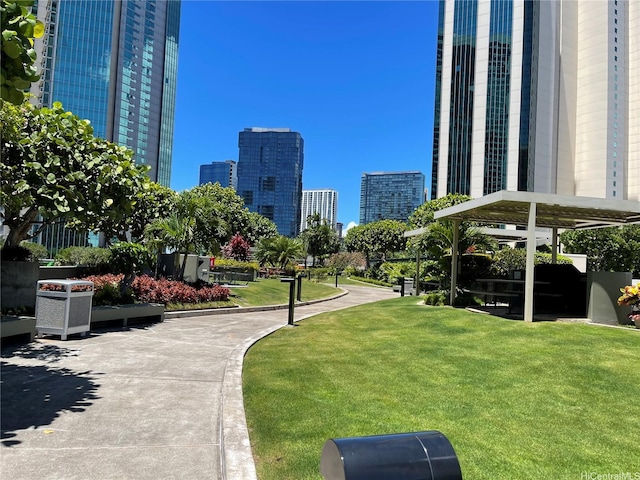 view of property's community with a yard and a city view
