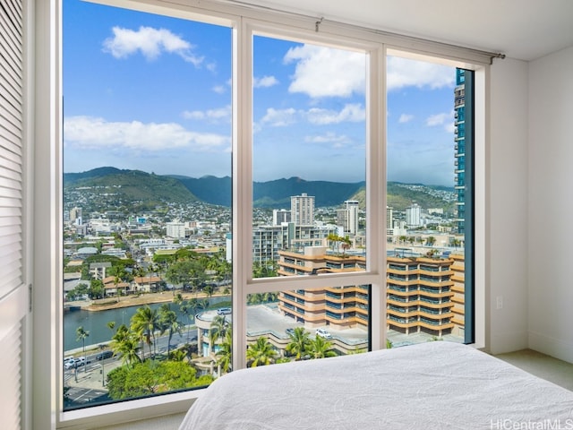 bedroom with a water and mountain view and carpet