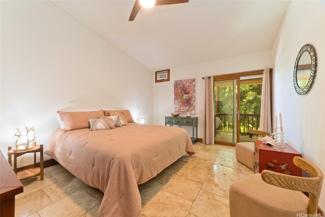 48-5528 Honokaa Waipio Rd, Honokaa, HI 96727 - bedroom featuring access to exterior, a ceiling fan, stone tile flooring, and vaulted ceiling