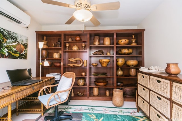 office area featuring an AC wall unit, light tile patterned flooring, and ceiling fan