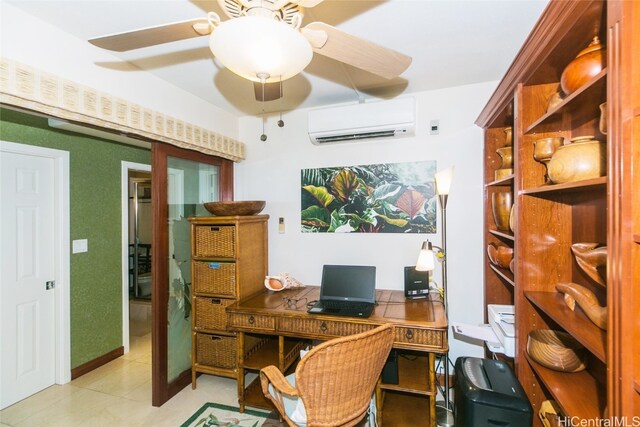 home office with ceiling fan and a wall mounted air conditioner