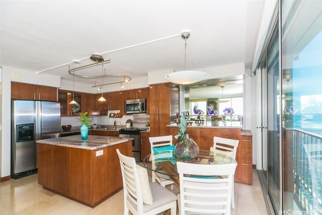 kitchen with a wealth of natural light, pendant lighting, a center island, and stainless steel appliances