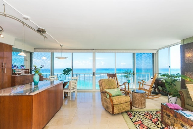 sunroom with a water view